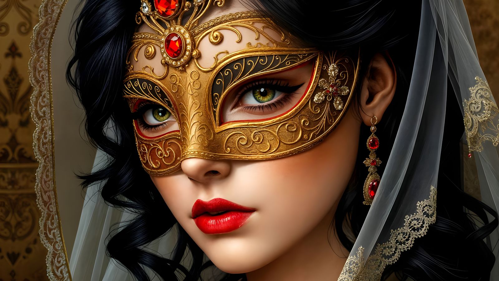Elegant Young Woman in Golden Mask and Tiara