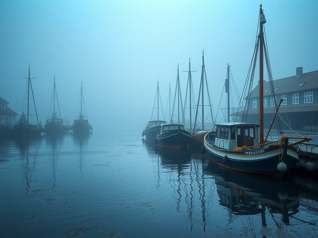 Atmospheric Foggy Harbor Scene in Blue and Grey