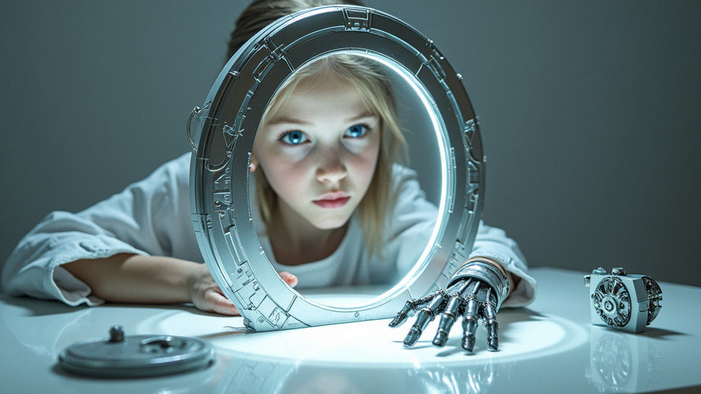Girl Plays with Transdimensional Portal Model