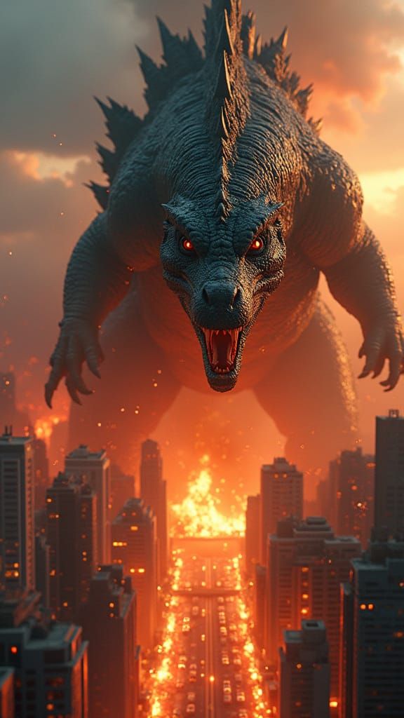 Godzilla Roars Over Burning Metropolis with Tilt Shift Effec...