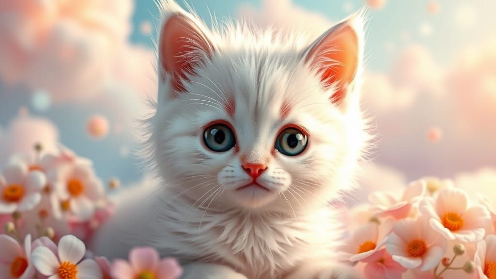 Adorable Kitten in Pastel Dreamscape, Hyperrealistic Style