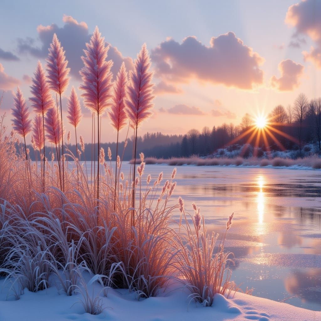 Pink Pampas Grass in Winter Snow at Golden Hour