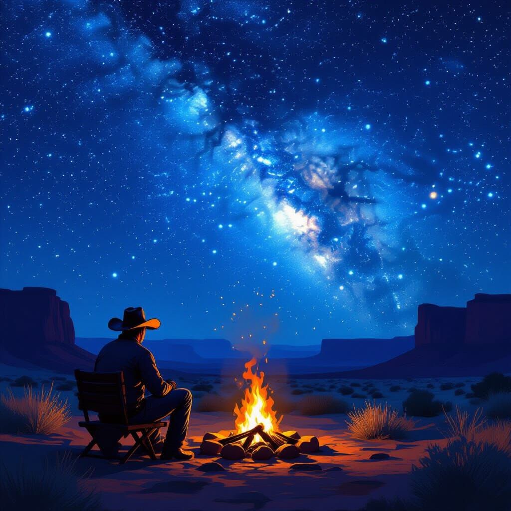 Cowboy Contemplates Ancestors Under Starry Desert Sky