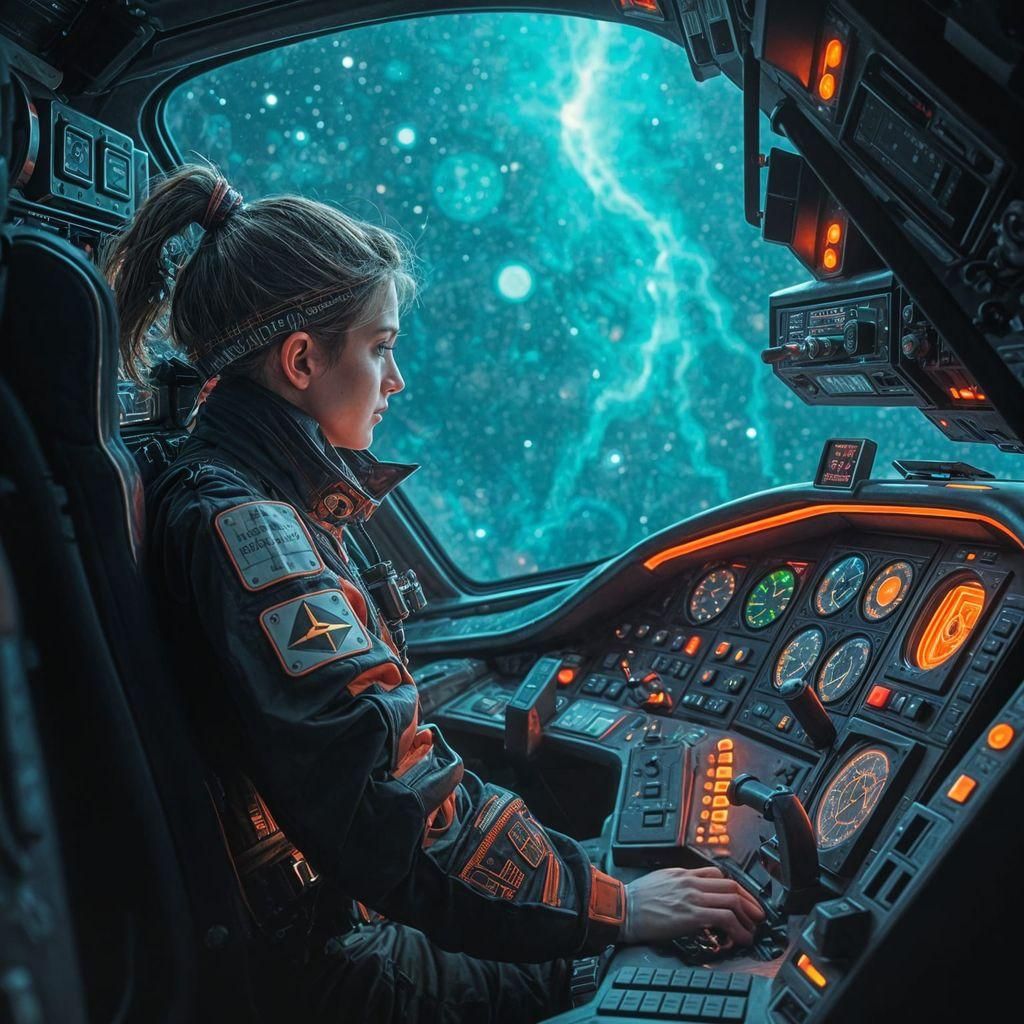 Futuristic Heroine in Spaceship Cockpit, Hyperrealistic