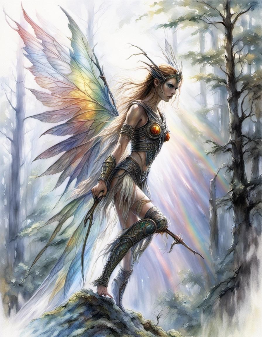 Rainbow Winged Fairy Warrior in Forest, Oil Sketch