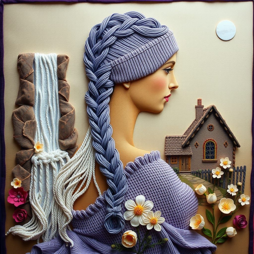 Embroidered Woman in Lavender Dress with Thread Waterfall