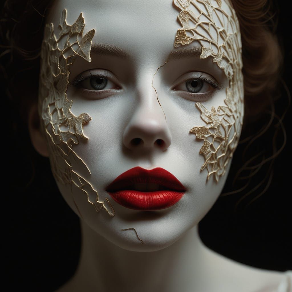Film Noir Woman Unveiled: Porcelain Mask Cracks in a Golden ...