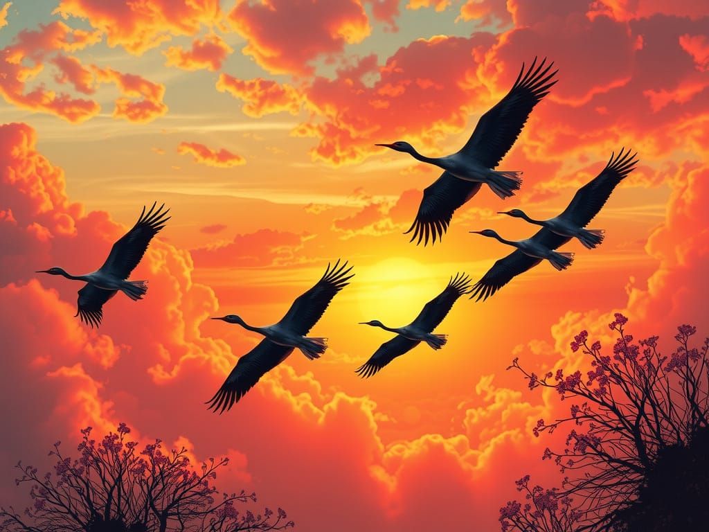 Majestic Cranes Soar Through Whimsical Sunset