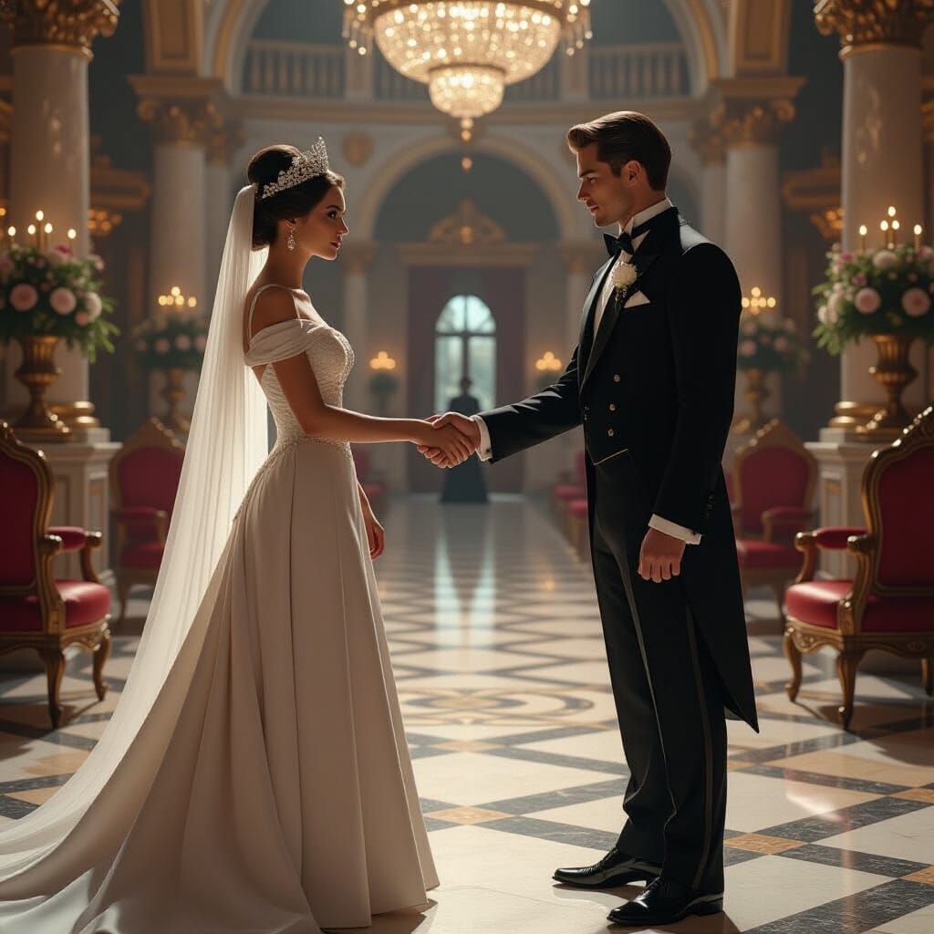 Regal Woman Meets Mysterious Stranger in Opulent Court