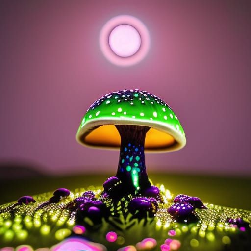 Bioluminescent Mushroom in Moonlight: Hyperrealistic Digital...