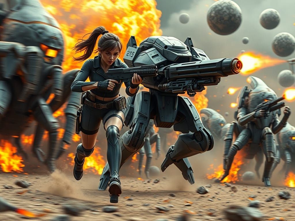 Space colony asteroid belt firefight, hero, mech infantry, action…