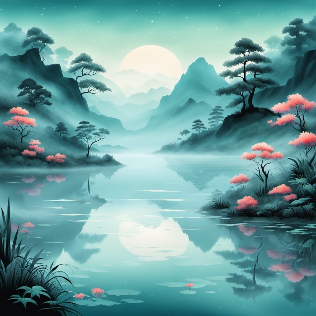 An airbrush tranquil, mist-shrouded lake.