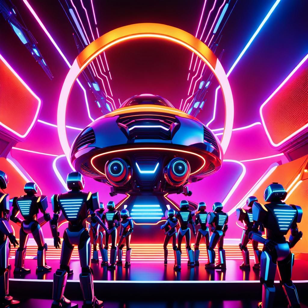 Futuristic AI Music Festival in Neon-Lit Cavern