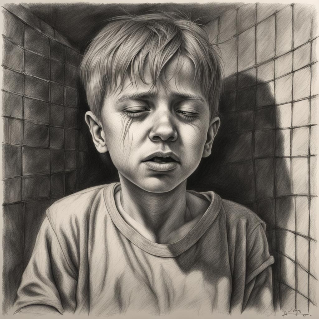 Crying Boy in Prison: Detailed Charcoal Drawing