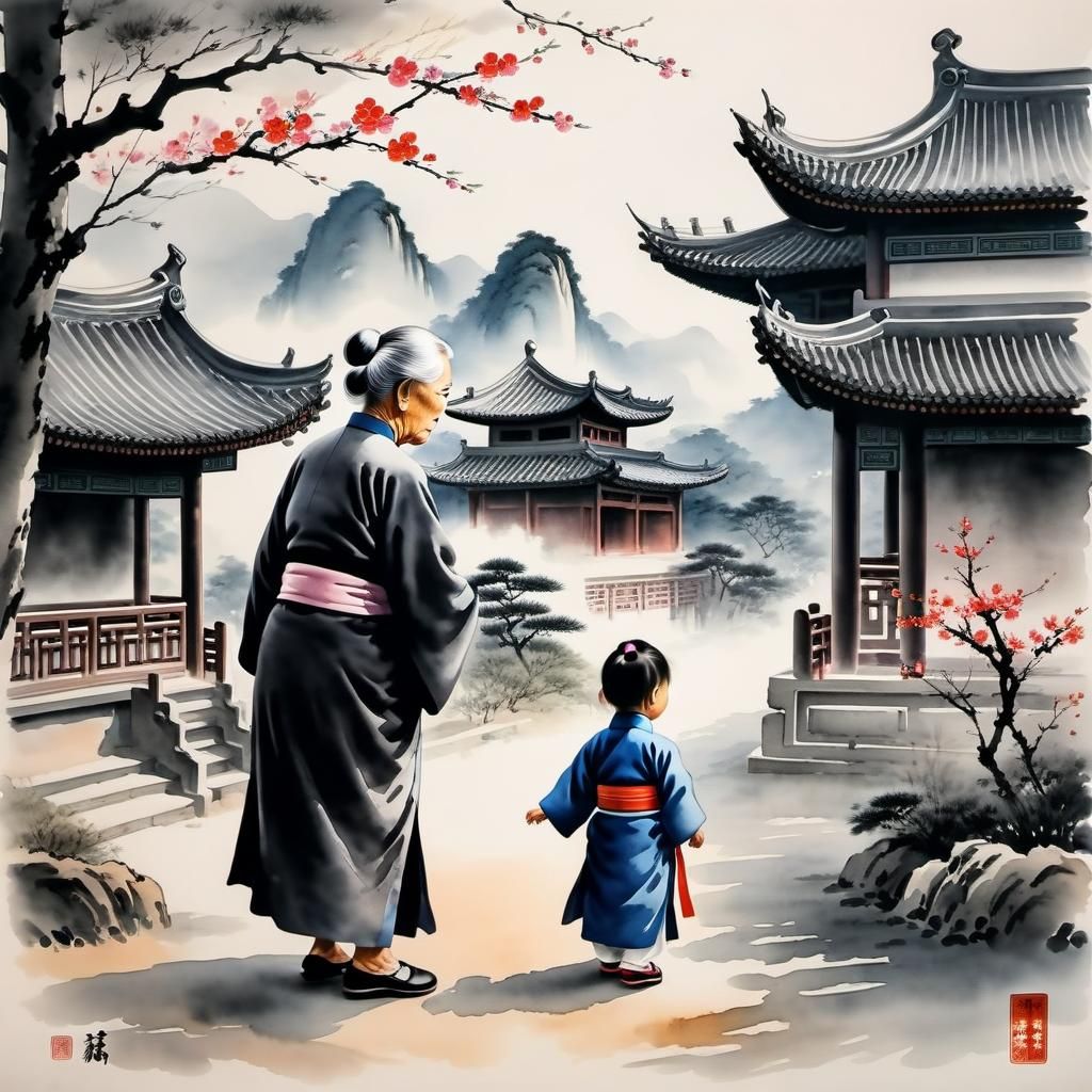 Touching Moment: Old Lady Watches Niece Walk, Chinese Ink