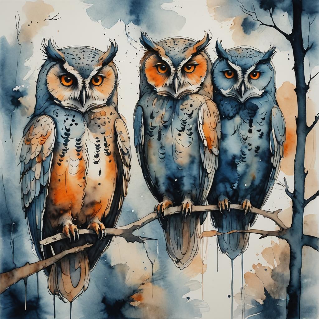 Abstract Nocturnal Owl Scene in Watercolor