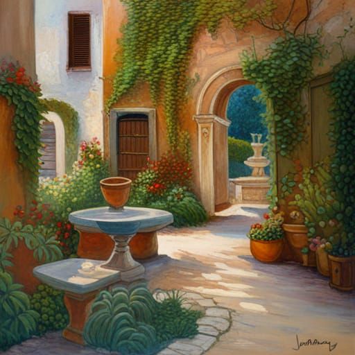 Serene Roman Garden as Oil Painting