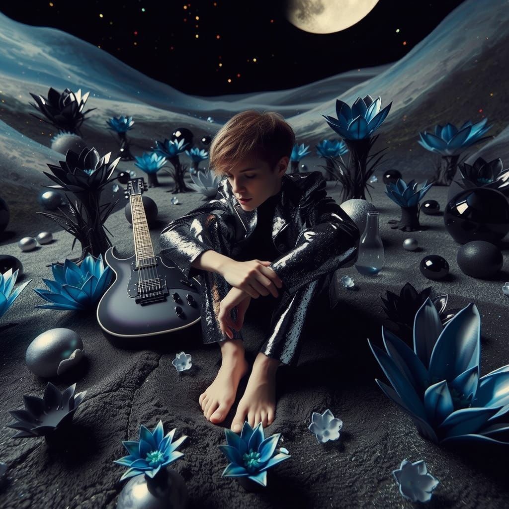 Serene Woman Strolls through Whimsical Moonlit Garden