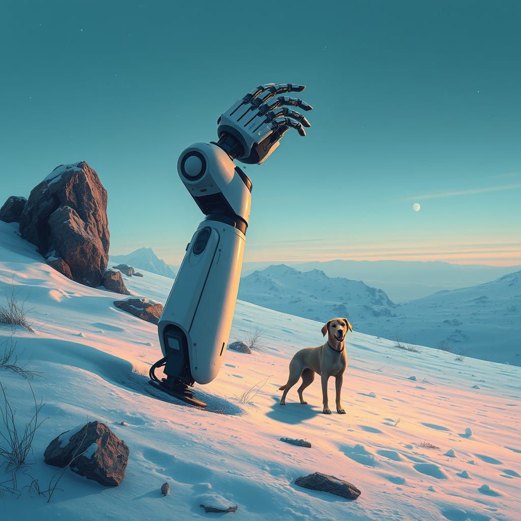 Robotic Arm Abandoned in Retrofuturistic Snowy Landscape