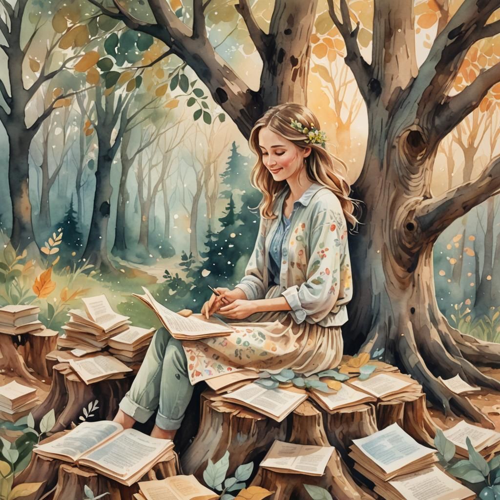 Whimsical Woman Surrounded by Life Story in Watercolor