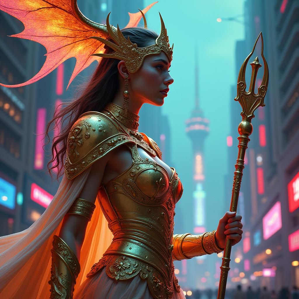 Sorceress and Dragon Soar Over Cyberpunk Metropolis