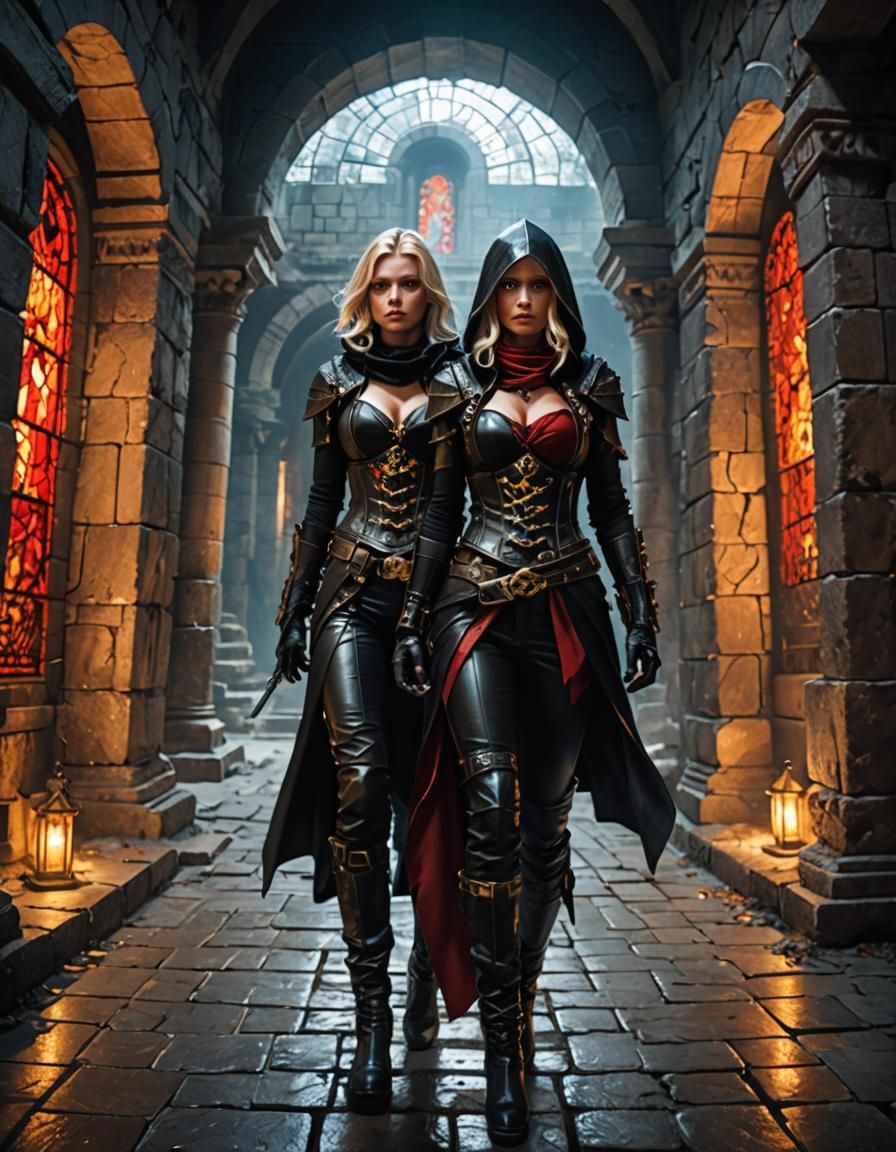 Female Assassins in Ancient Temple, Hyper-Realistic Fantasy ...