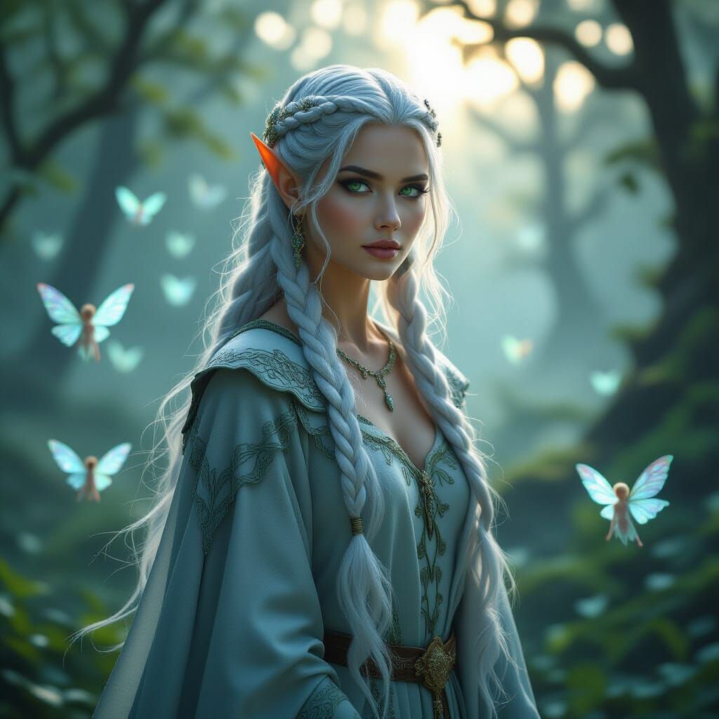 Elven Queen in Misty Forest, Hyperrealistic Fantasy Art