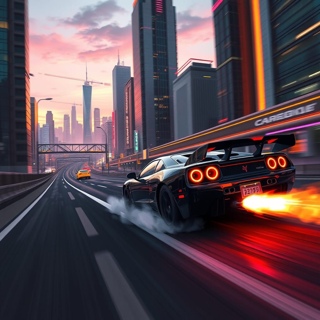 Turbocharged Cityscape: A High-Octane Scene in Cyberpunk Sty...