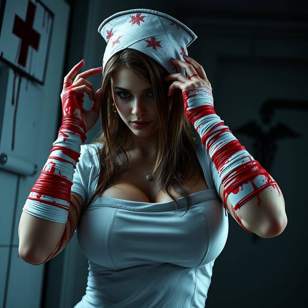 Horrifying Nurse with Bloody Bandages