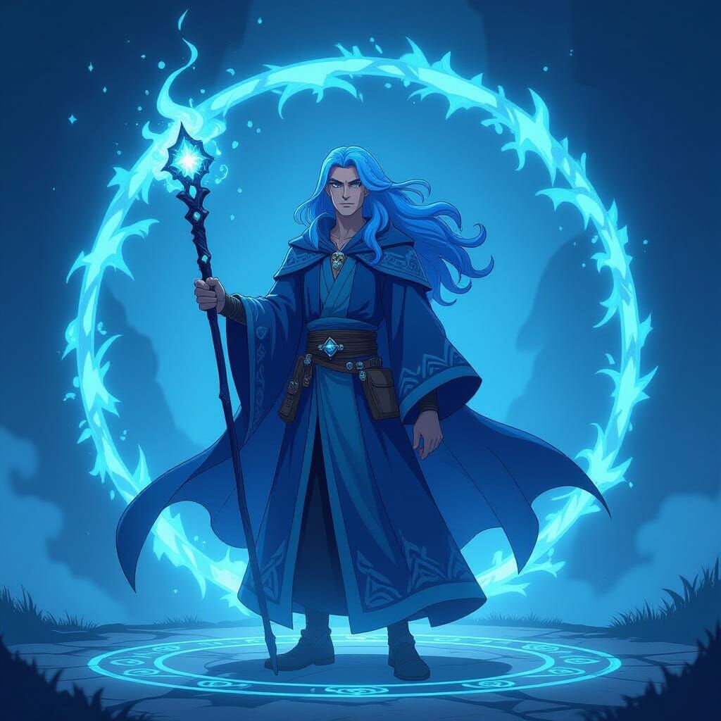 Blue-Haired Wizard with Portal in Anime Style
