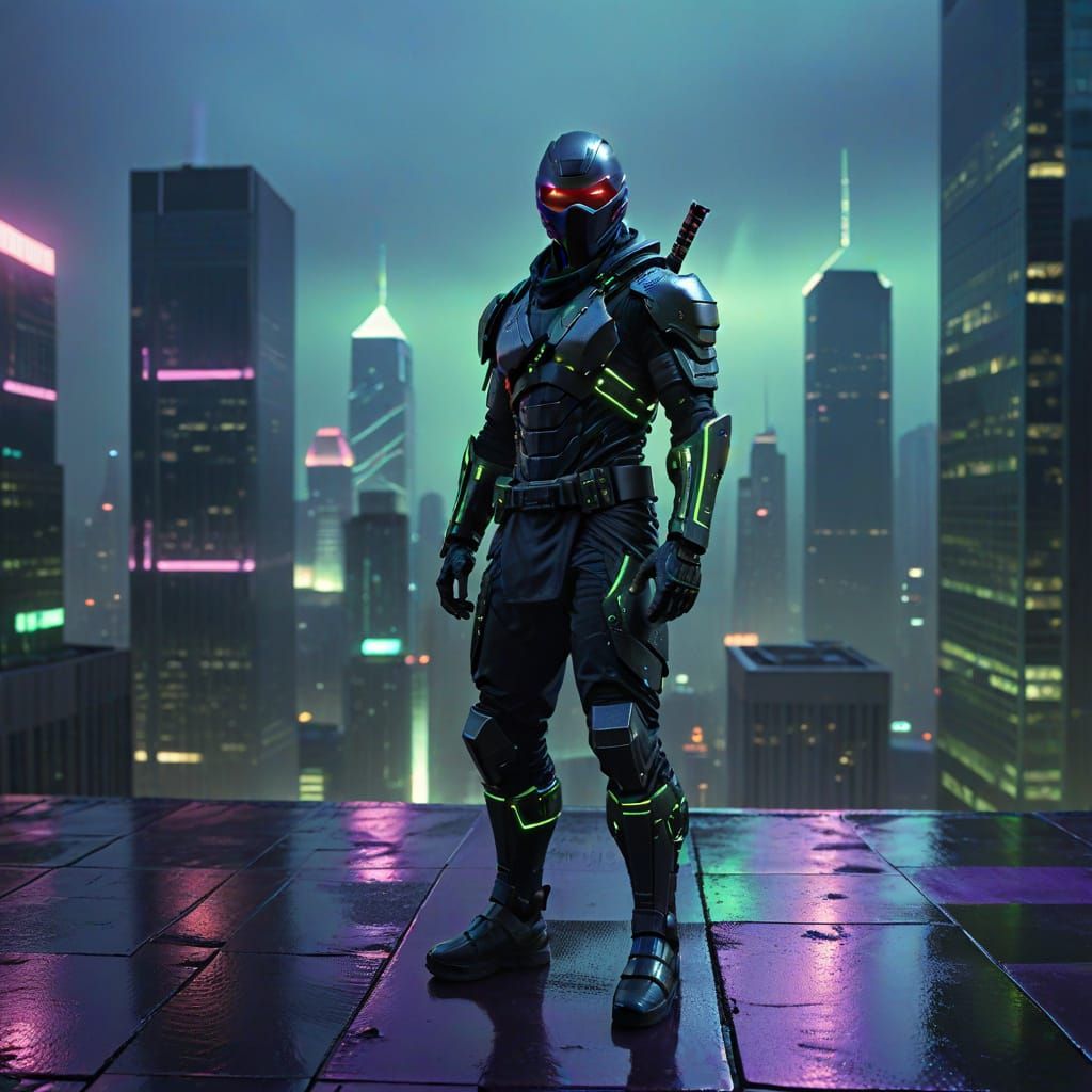 Cyborg Ninja in Neon City: Cinematic Film Still