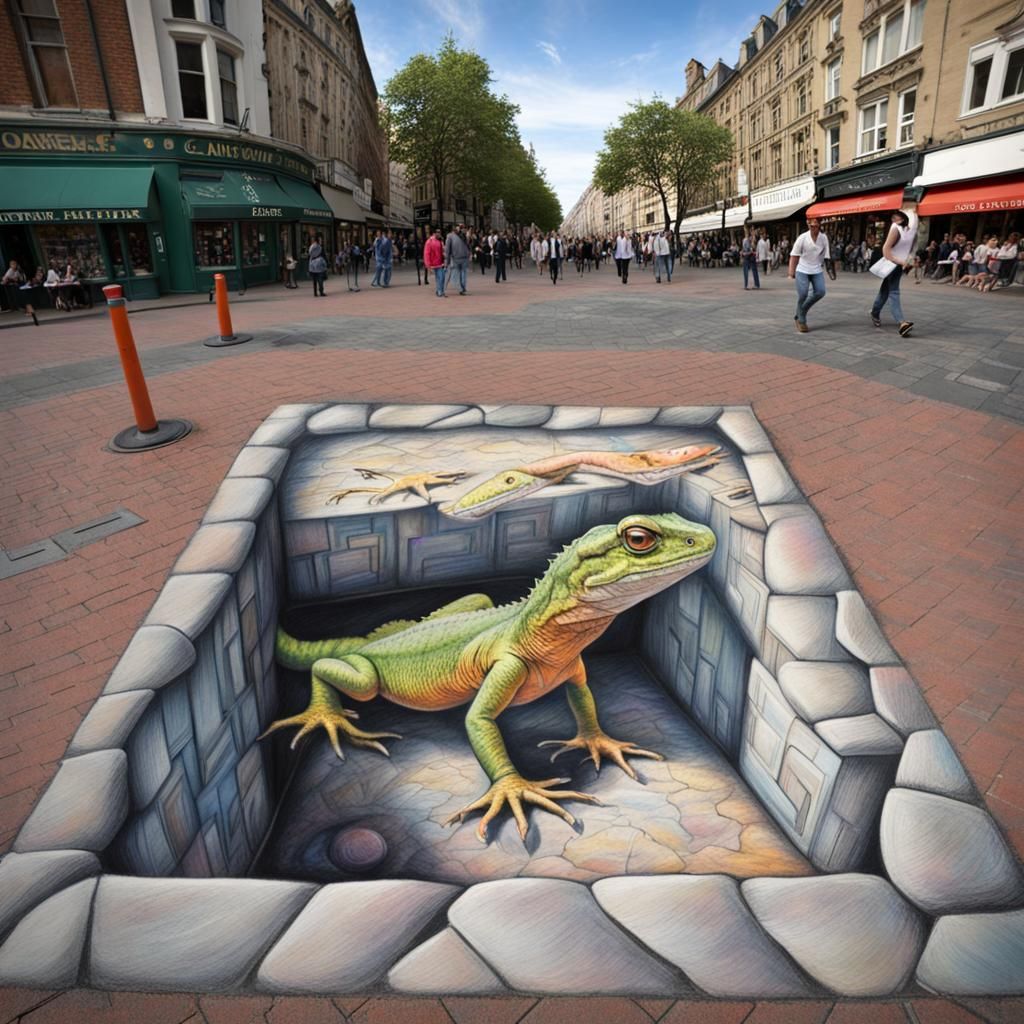 Giant Lizard 3D Chalk Art on Pavement