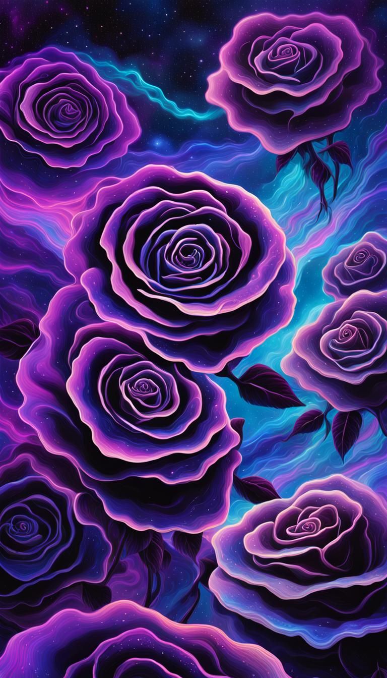Surreal Cosmic Black Roses in Vibrant Astral Vortex