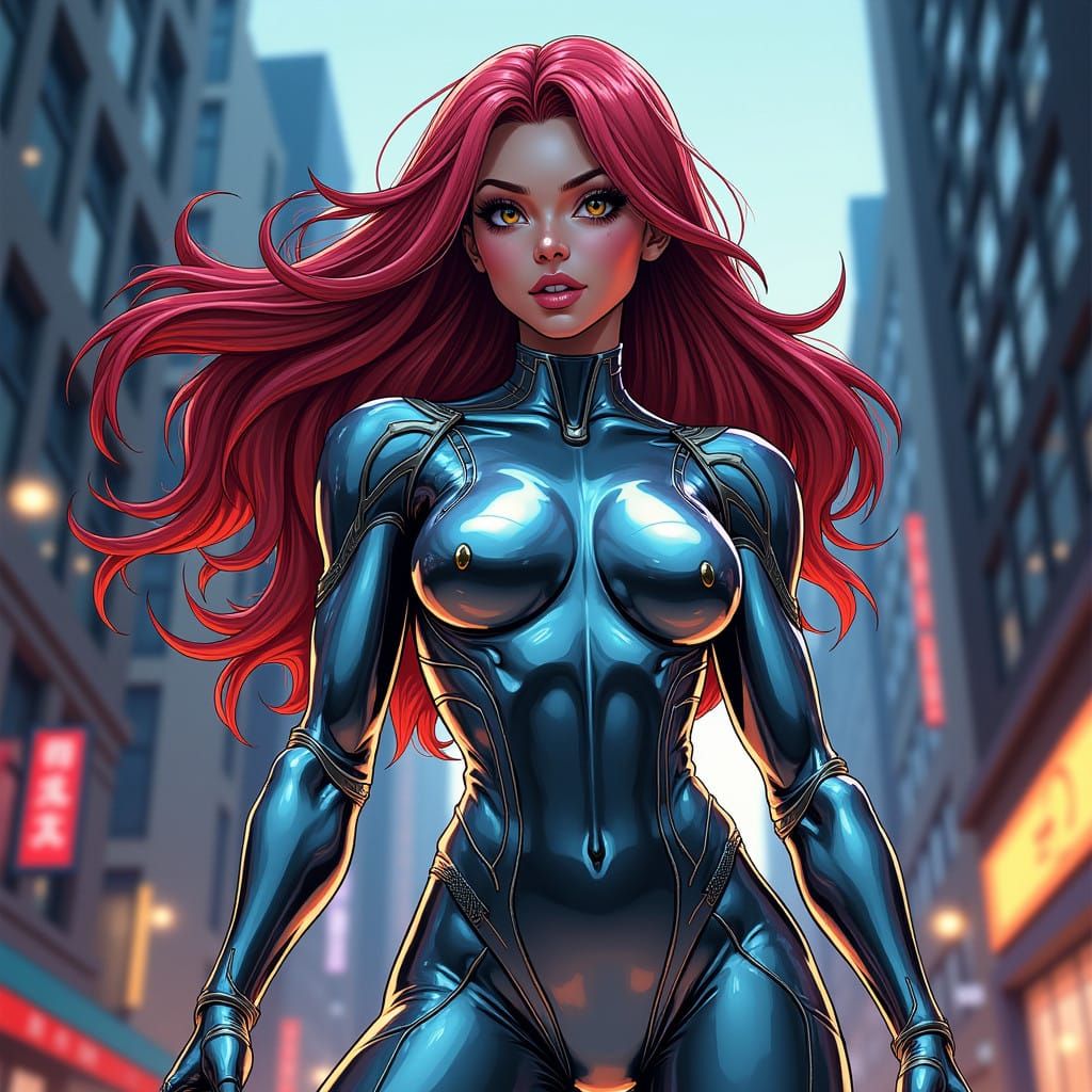 Cyberpunk Goddess in Chrome Armor Poses in Urban Cityscape