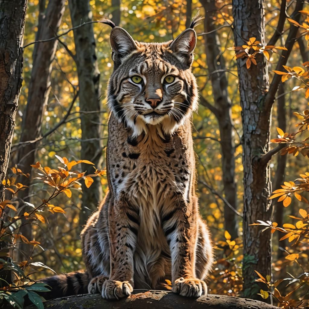 Bobcat in Fall Forest: Watercolor Hyper-Realism