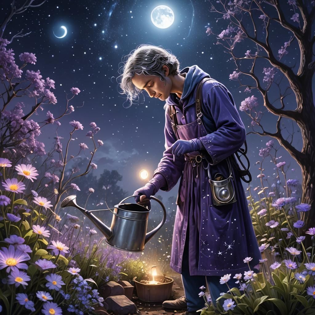 Moonlight Gardener in Dreamlike Celestial Concept Art