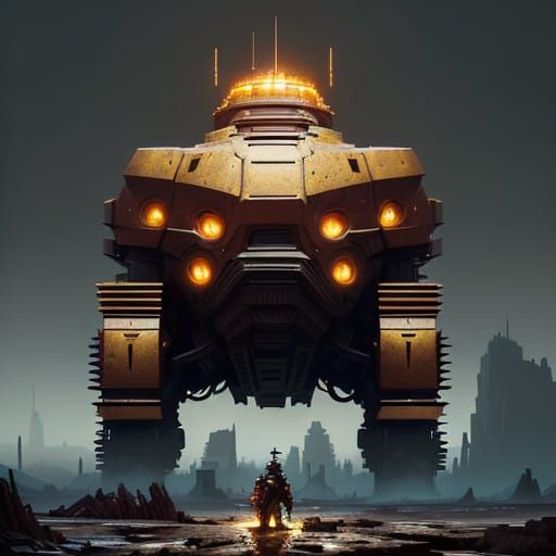 Heroic Spartan Warrior in Golden Armor Stands on Rocky Outcr...