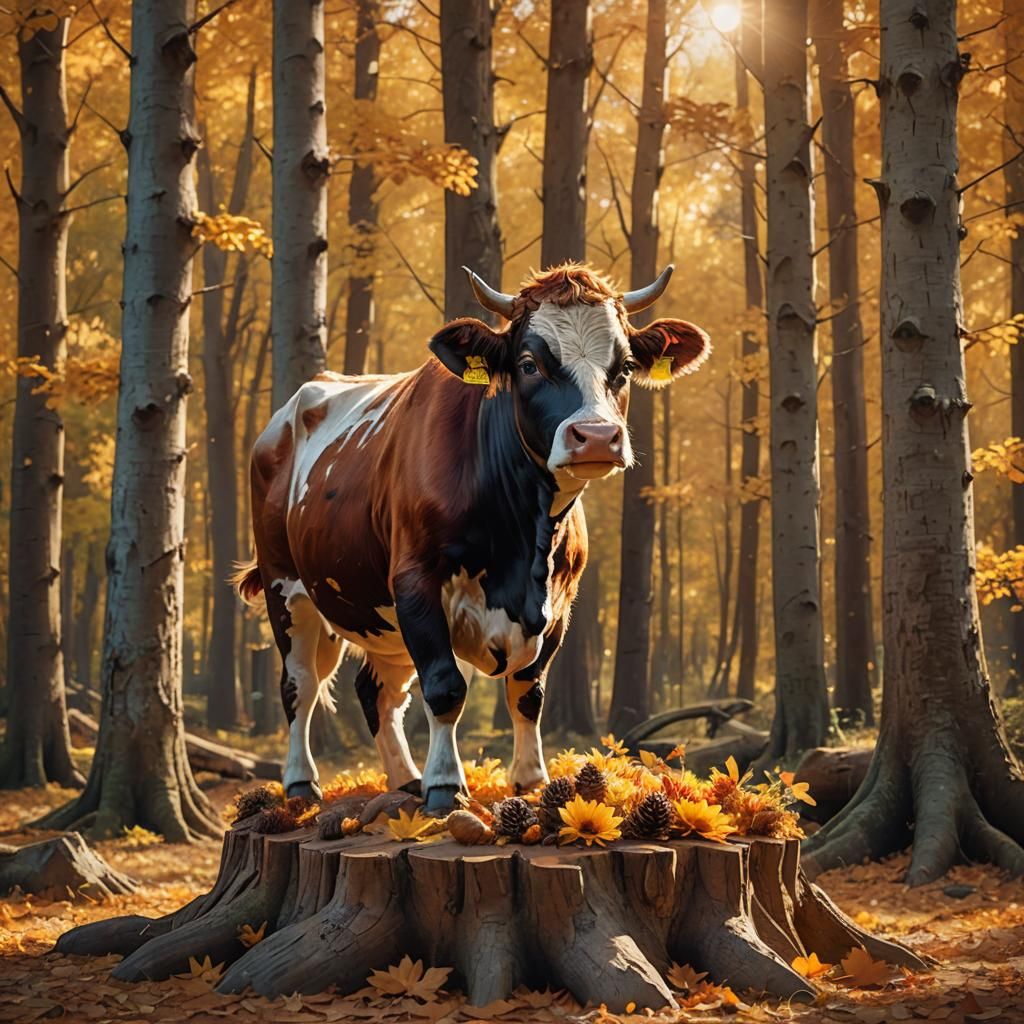 Whimsical Cow Hybrid in Autumn Landscape