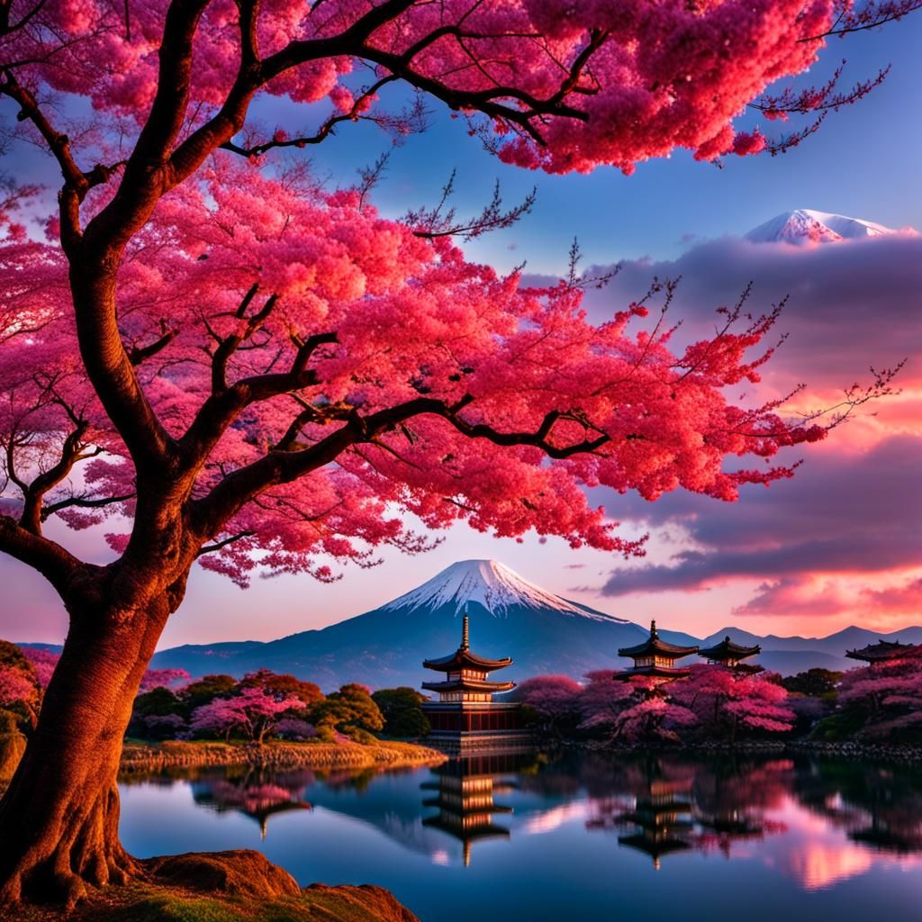 Ancient Sakura Tree with Japanese Temple Background