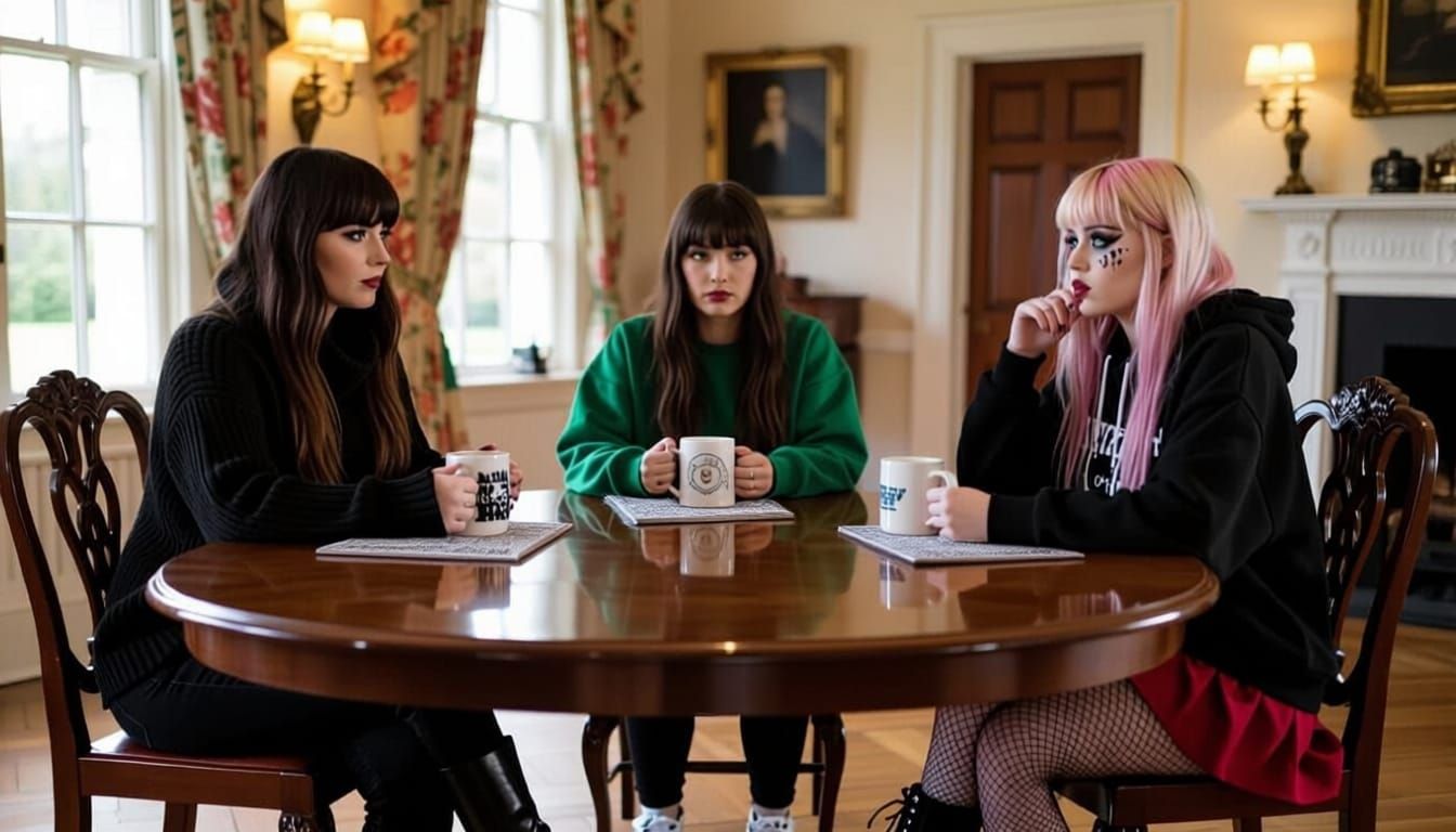 Three Women Gather in a Country House Dining Room