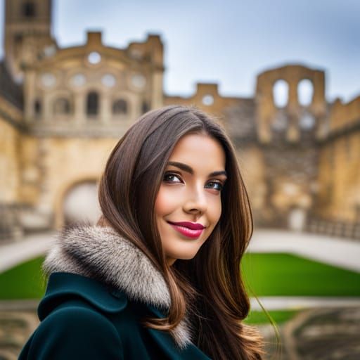 Portrait of Portuguese Woman Visiting Castle Ruins