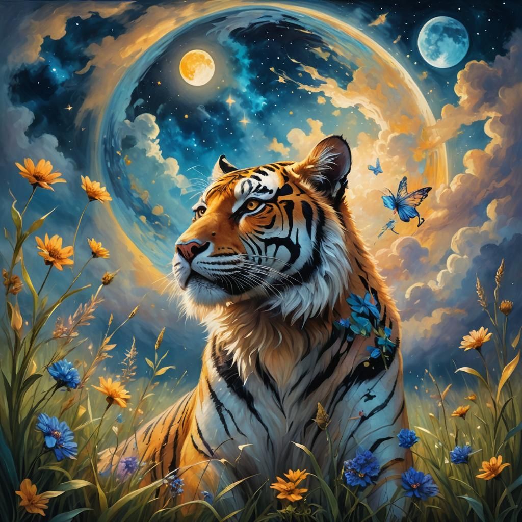 Fairy Tiger Gazing at Blue Moon: Oil Painting