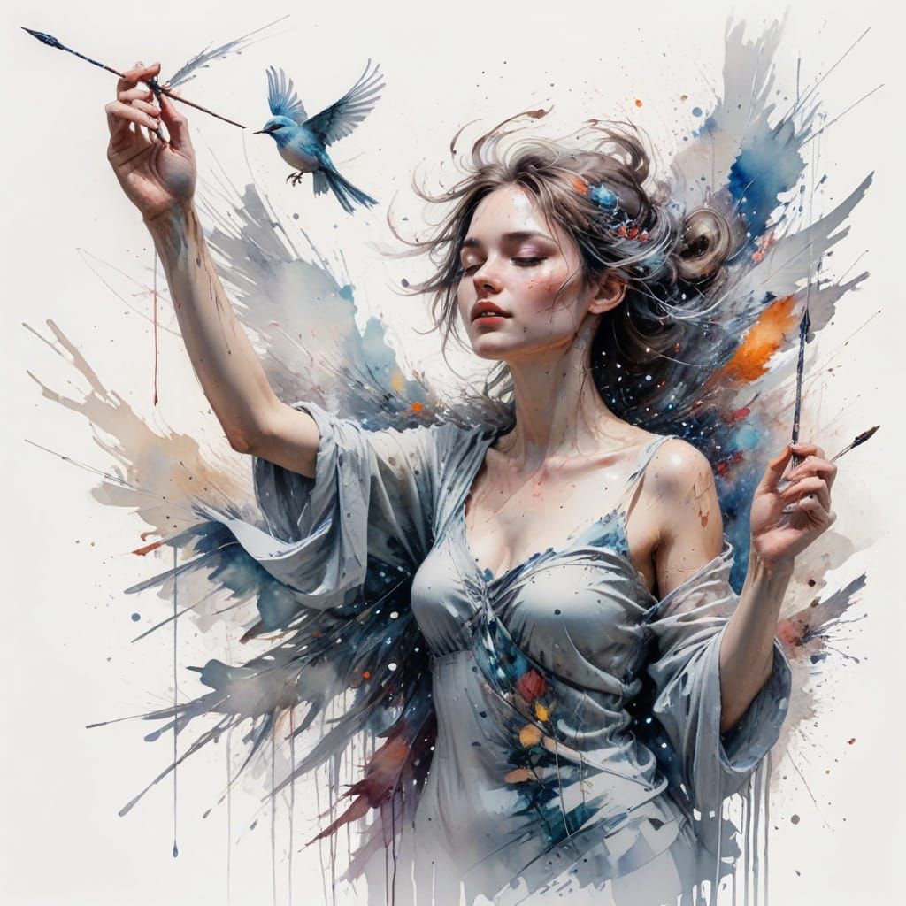 Ethereal Night Scene with Waving Silver Wands and Watercolou...