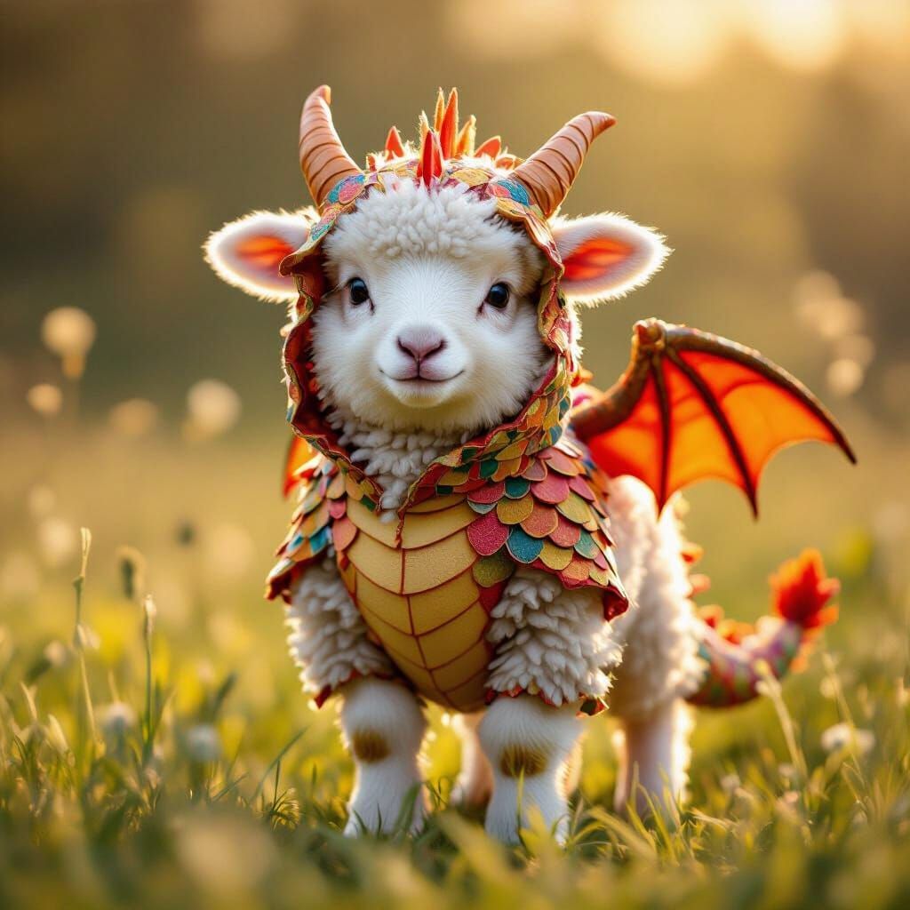 Adorable Lamb in Dragon Costume in Golden Hour Meadow