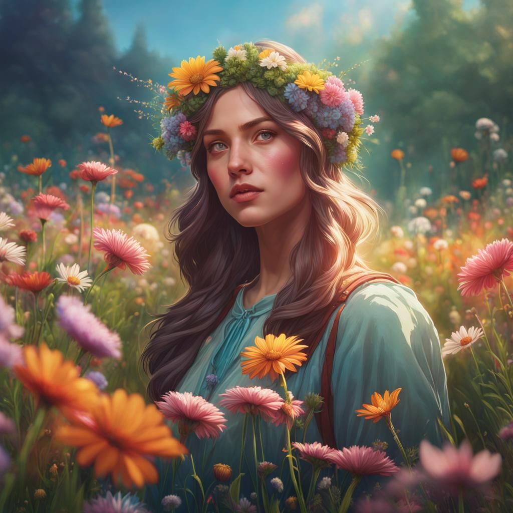 Detailed Portrait in Flower Meadow, Art Nouveau Style