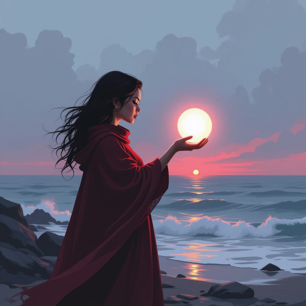 Woman Offering Orb at Rugged Shoreline