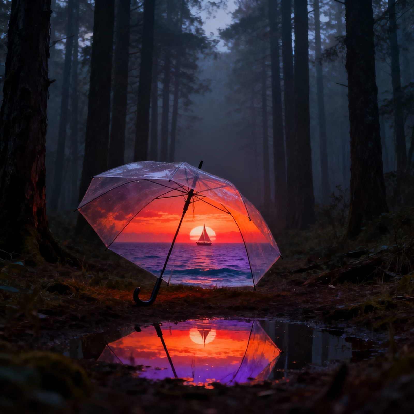 Misty Forest Meets Dreamlike Sunset in Surreal Double Exposu...