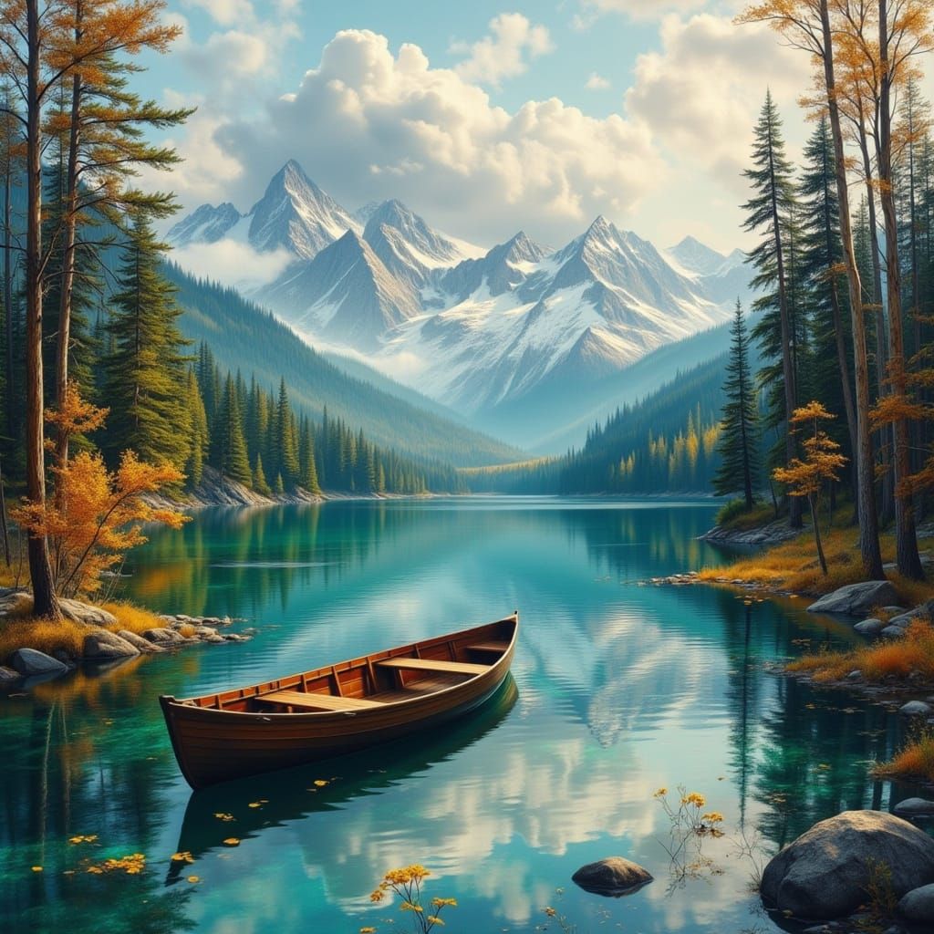 Tranquil Mountain Lake Oil Painting with Rowboat