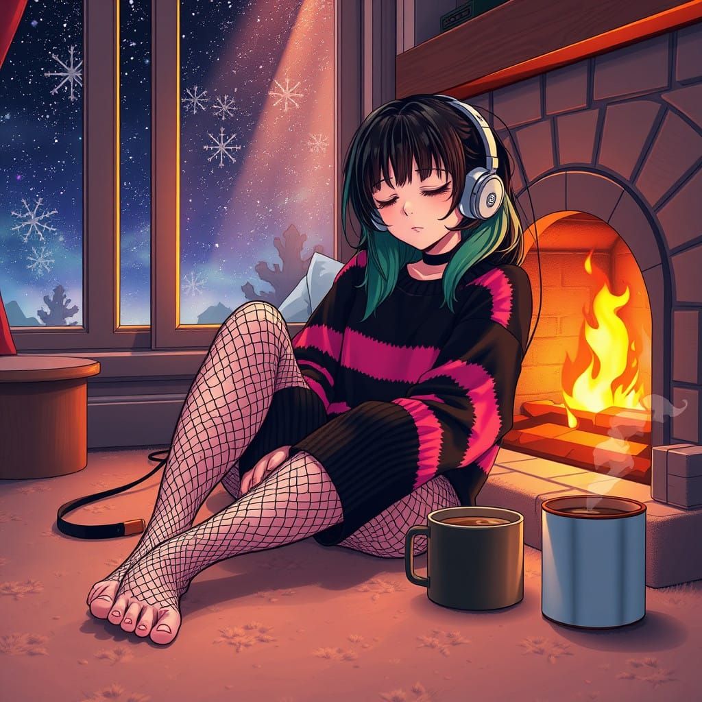 Surreal Emo Animate Girl Slumbers Cozyly Near Fireplace