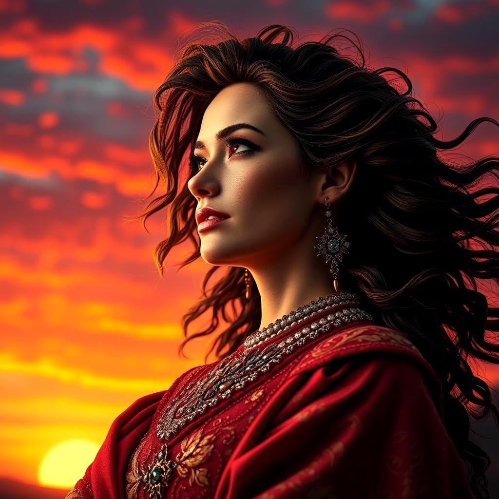 Woman Gazing at Sunset: Art Nouveau Portrait